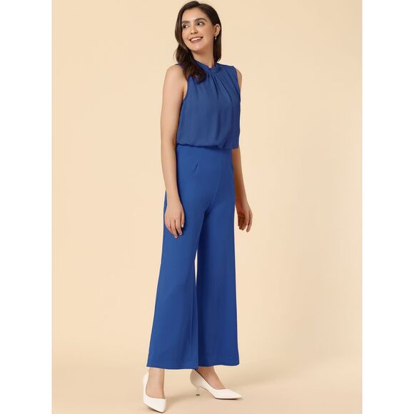 Business Casual Sleeveless Jumpsuit High Waist Wide Flare Leg Romper Royal Blue - Picture 3 of 5